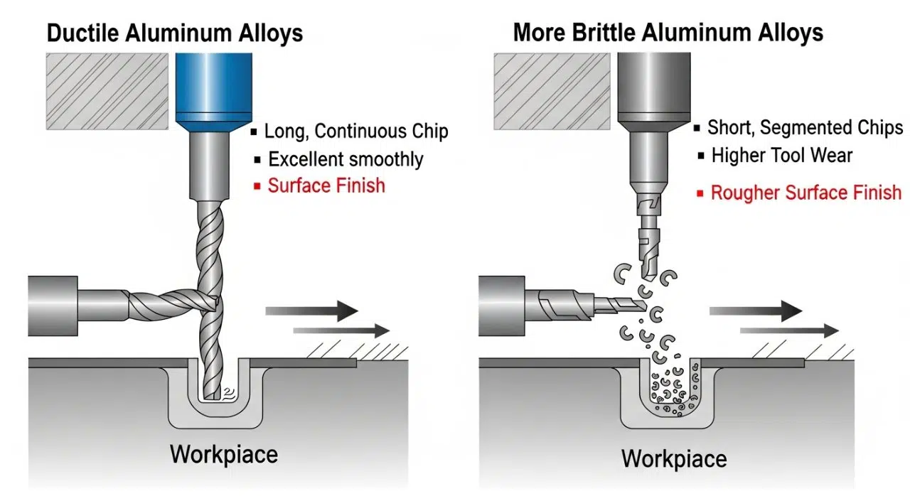 Detailliertes Vektorgrafik-Diagramm, das verschiedene Spanbildungstypen während der CNC-Bearbeitung von Aluminium zeigt. Das Diagramm unterscheidet deutlich zwischen langen, kontinuierlichen Spänen, die aus duktilen Legierungen entstehen, und kurzen, segmentierten Spänen, die typisch für sprödere Materialien sind. Beschriftungen erklären jeden Span-Typ und heben deren jeweilige Auswirkungen auf die Bearbeitungseffizienz, den Werkzeugverschleiß und die endgültige Oberflächenqualität hervor.