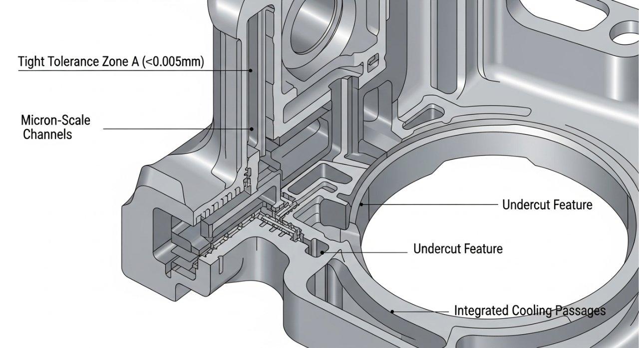Une illustration vectorielle détaillée montrant la géométrie interne complexe d'une pièce prototype, mise en valeur avec des annotations pour les zones de tolérance serrée et les caractéristiques complexes, démontrant les capacités en prototypage CNC personnalisé pour l'ingénierie de précision.