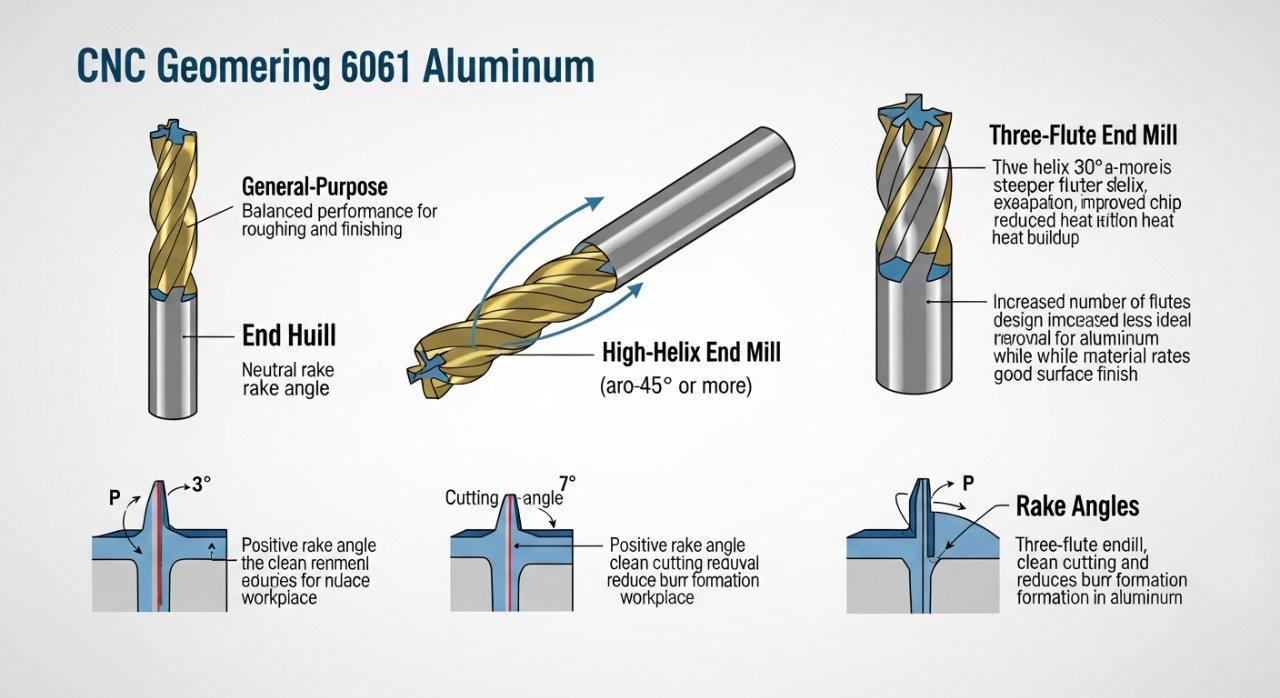 6061 alüminyum işleme için optimize edilmiş çeşitli CNC uç freze takımı geometrilerini gösteren detaylı vektör grafik, helix açıları, rake açıları ve flüt sayısı gibi temel özellikleri vurgular, her tasarımın yüksek performanslı alüminyum alaşımların frezelenmesine nasıl fayda sağladığını açıklayan açıklamalar içerir.
