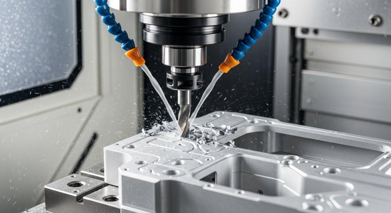 5 eksenli CNC makinesi içinde dinamik yakın çekim, karmaşık alüminyum fascia tabanca kabuğunu hassas bir şekilde frezenleyen takım başlığını gösterir. Soğutucu etkili bir şekilde akarken, talaşlar verimli bir şekilde tahliye edilir, kontrollü, yüksek hassasiyetli üretim ortamını vurgular.