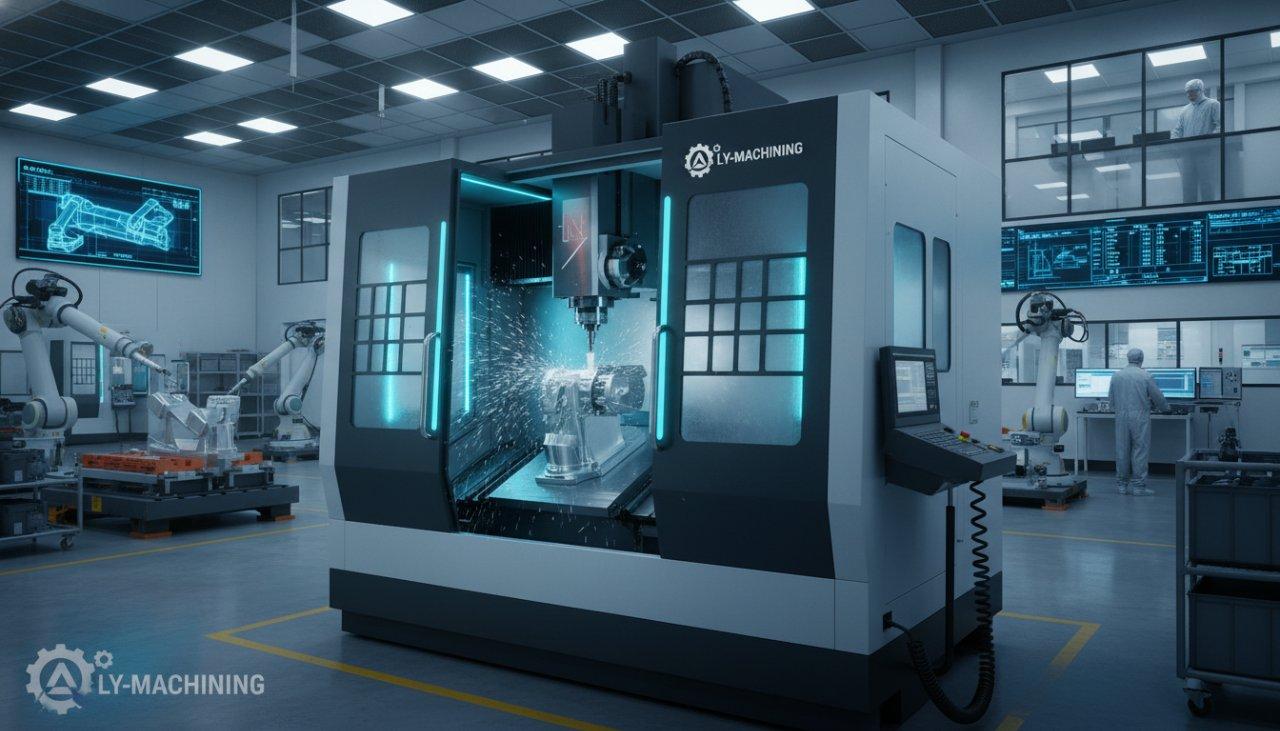 Dynamisches Bild in einer hochmodernen Fertigungsanlage, das eine moderne 5-Achsen-CNC-Fräsmaschine zeigt, die aktiv an einem komplexen Aluminium-Roboterteil arbeitet. Kühlmittel fließt, Metallspäne fliegen, was Präzision und fortschrittliche Fertigungskapazitäten in einer hochmodernen Umgebung betont.