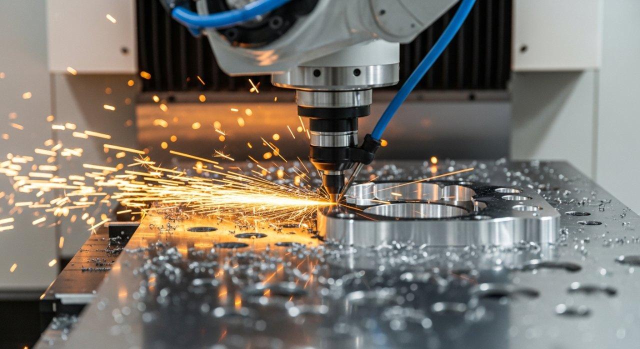 Dynamic shot of a 5-axis CNC machine actively cutting a metal part, sparks safely flying, and its robotic arm in motion, showcasing the precision and intricate detail of advanced CNC machining processes.