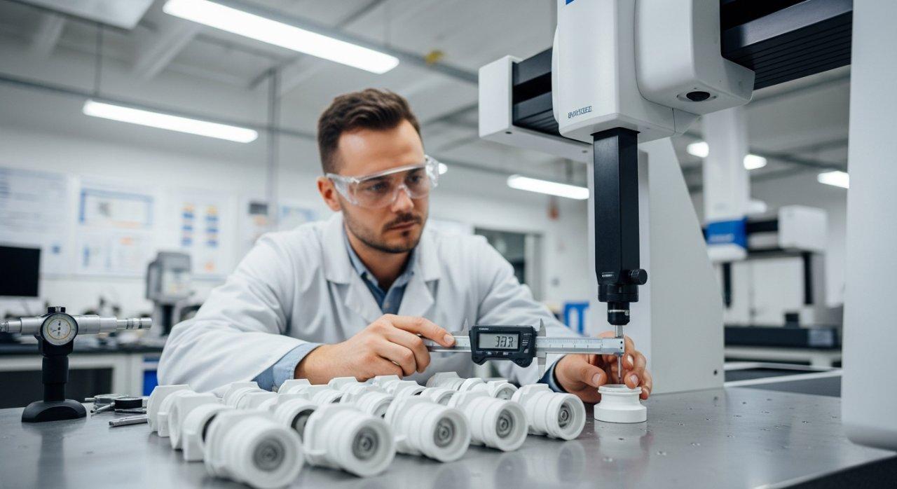 Ingeniero realizando la inspección final de piezas de POM mecanizadas con CNC en un laboratorio de control de calidad limpio, utilizando un CMM y calibrador digital para mediciones precisas, enfatizando una meticulosa garantía de calidad.