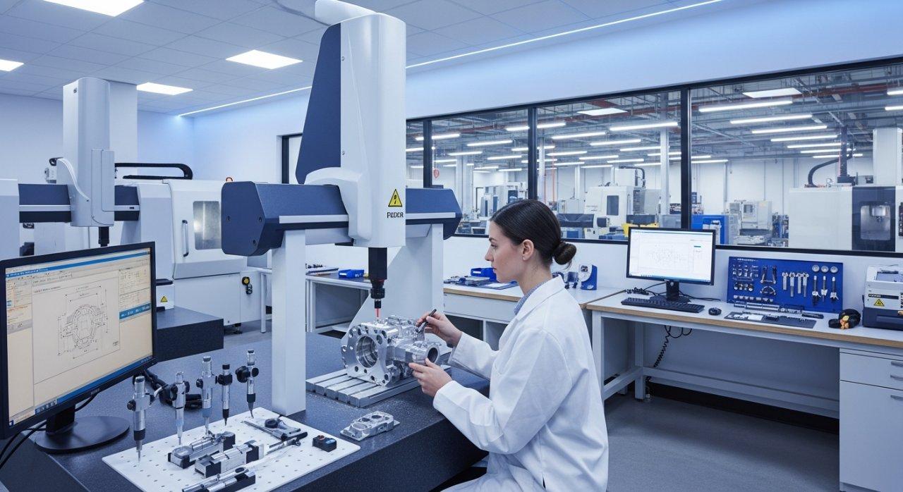 Ingenieur misst präzise ein kundenspezifisches Aluminiumteil mit fortschrittlicher Messtechnik wie einer Koordinatenmessmaschine (CMM) in einem sauberen, modernen Qualitätskontrolllabor innerhalb einer CNC-Fabrik, was das Engagement für Präzision und Fertigungsstandards unterstreicht.