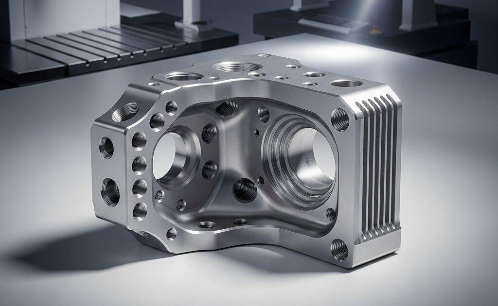 Toma en estudio en ángulo alto de una pieza de prototipo metálico intrincada y perfectamente mecanizada, como un soporte aeroespacial o un componente de dispositivo médico. La pieza de ingeniería de precisión descansa sobre un fondo limpio y técnico, con difusiones sutiles de maquinaria CNC visibles, destacando capacidades avanzadas de fabricación.