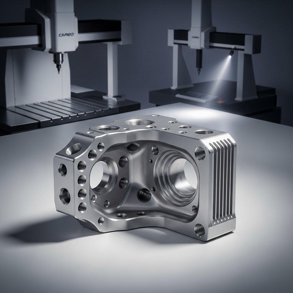 Yüksek açıdan stüdyo çekimi, havacılık braketi veya tıbbi cihaz bileşeni gibi mükemmel işlenmiş, karmaşık metal prototip parça. Hassas mühendislik ile tasarlanmış parça, temiz ve teknik bir arka planda duruyor, CNC makinelerinin hafif bulanık görüntüleri görünür, gelişmiş üretim kabiliyetlerini vurguluyor.