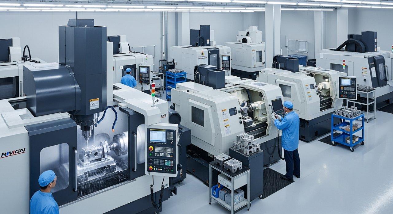 Hochwinkelansicht in einer modernen, sauberen CNC-Bearbeitungsanlage, die mehrere Mehr-Achs-CNC-Maschinen zeigt, einschließlich 5-Achs-Fräsen und Schweizer Typ