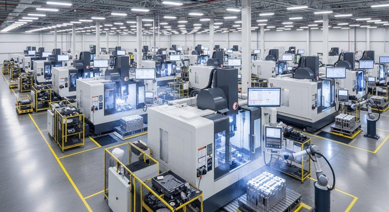 Vista en ángulo alto de una instalación moderna y limpia de mecanizado CNC que muestra la escala y tecnología avanzada de varias máquinas de 5 ejes en operación activa 1 1