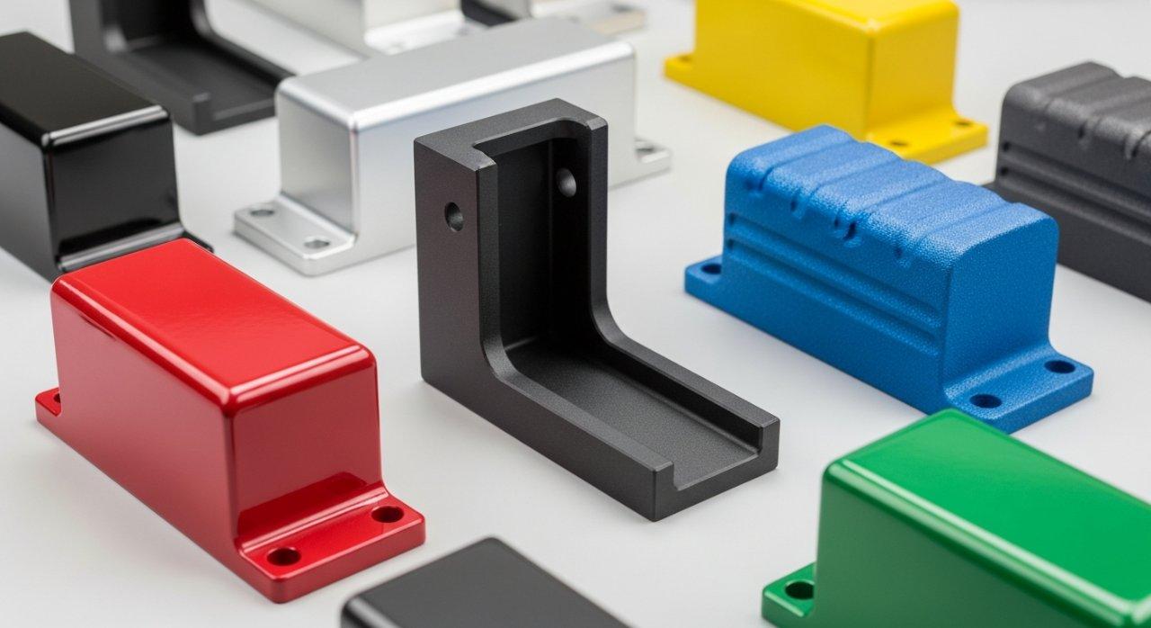 Farklı yüzey bitirme teknikleriyle gösterilen çeşitli CNC işlenmiş metal ve plastik prototiplerin yüksek kaliteli görüntüsü. Her parça, boyama ve toz kaplama gibi farklı yüzey işlemlerini sergiler, farklı renkler ve dokular ortaya çıkarır. Örnekler arasında mat siyah toz kaplı braketi, parlak kırmızı boyalı muhafaza ve dokulu mavi bileşen bulunur; hepsi pazar hazır bitmiş ürünler olarak sunulmuştur.