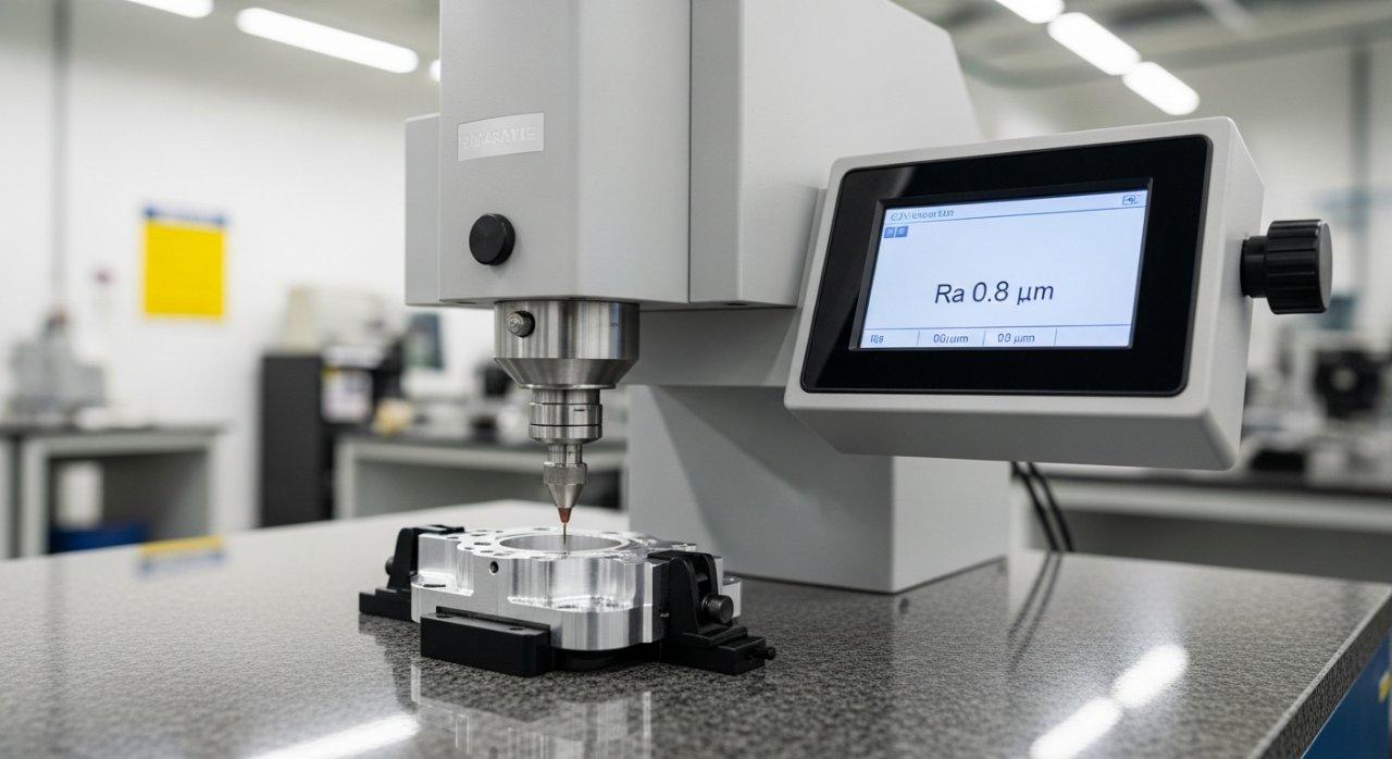Photographie de haute qualité montrant la stylet d'un profilomètre de surface touchant précisément une pièce usinée CNC sur une table d'inspection. L'affichage numérique montre clairement les lectures de rugosité de surface, soulignant la précision et la rigueur technique dans un laboratoire de contrôle qualité propre et bien éclairé pour la mesure de précision.