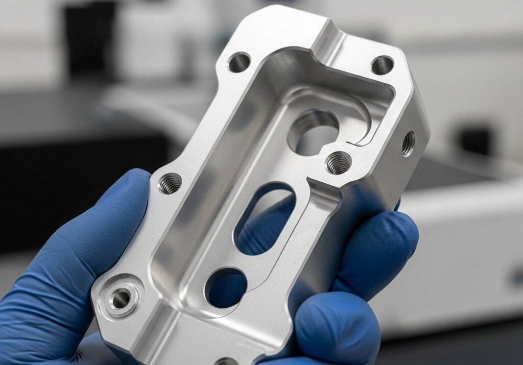 Nahaufnahme in hoher Auflösung eines perfekt bearbeiteten Aluminiumteils, möglicherweise eine Luft- und Raumfahrtbefestigung oder eine komplexe medizinische Gerätekomponente, gehalten von einem Handschuh