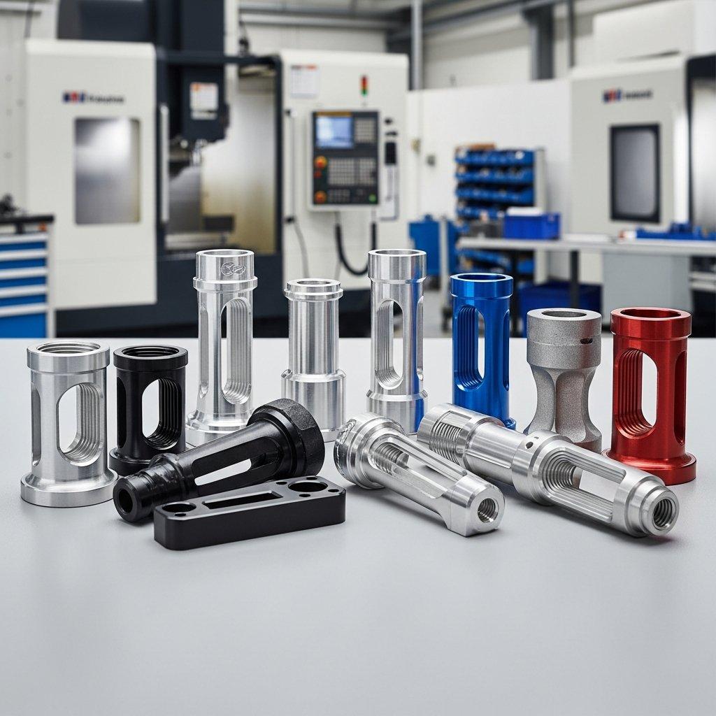 Hochauflösendes, professionelles Bild, das verschiedene präzise CNC-gefertigte Aluminiumkomponenten zeigt, kunstvoll angeordnet, um unterschiedliche Oberflächenfinishs und komplexe Geometrien hervorzuheben. Das Licht betont den metallischen Glanz, mit einem subtilen, verschwommenen Hintergrund eines modernen CNC-Werkstattbodens, der Kontext bietet.
