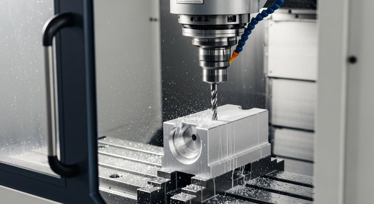 High-speed milling cutter precisely shaping an aluminum block in a modern CNC machining center. Coolant flows and chips evacuate, highlighting the efficient and precise metalworking operation.