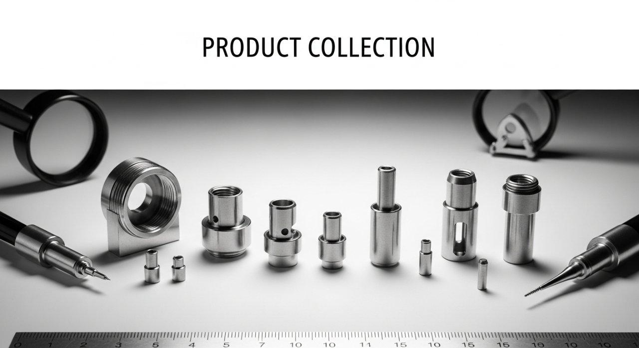 Composants micro-usinés très précis, avec des filets fins et des caractéristiques internes complexes, idéaux pour l'électronique et les dispositifs médicaux miniatures. Présentés sur un fond blanc avec un éclairage puissant, mettant en valeur leurs détails minimes et leur exécution impeccable, avec un outil de grossissement subtil évoquant leur petite taille.