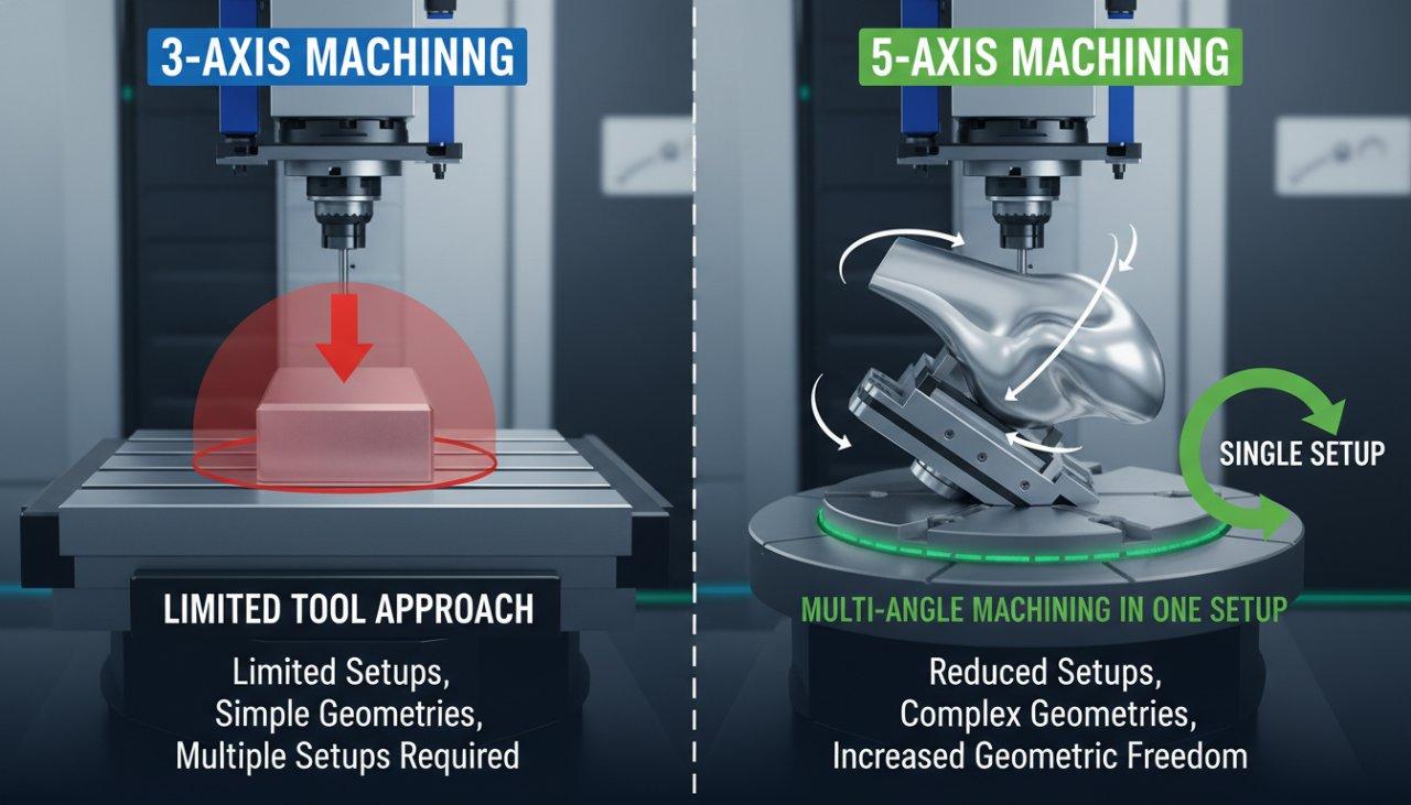 Infographic clearly comparing 3-axis and 5-axis machining. The 3-axis visual illustrates a simpler part with limited tool access, while the 5-axis visual showcases a complex part machined from multiple angles in a single setup, highlighting reduced production setups and increased geometric freedom.