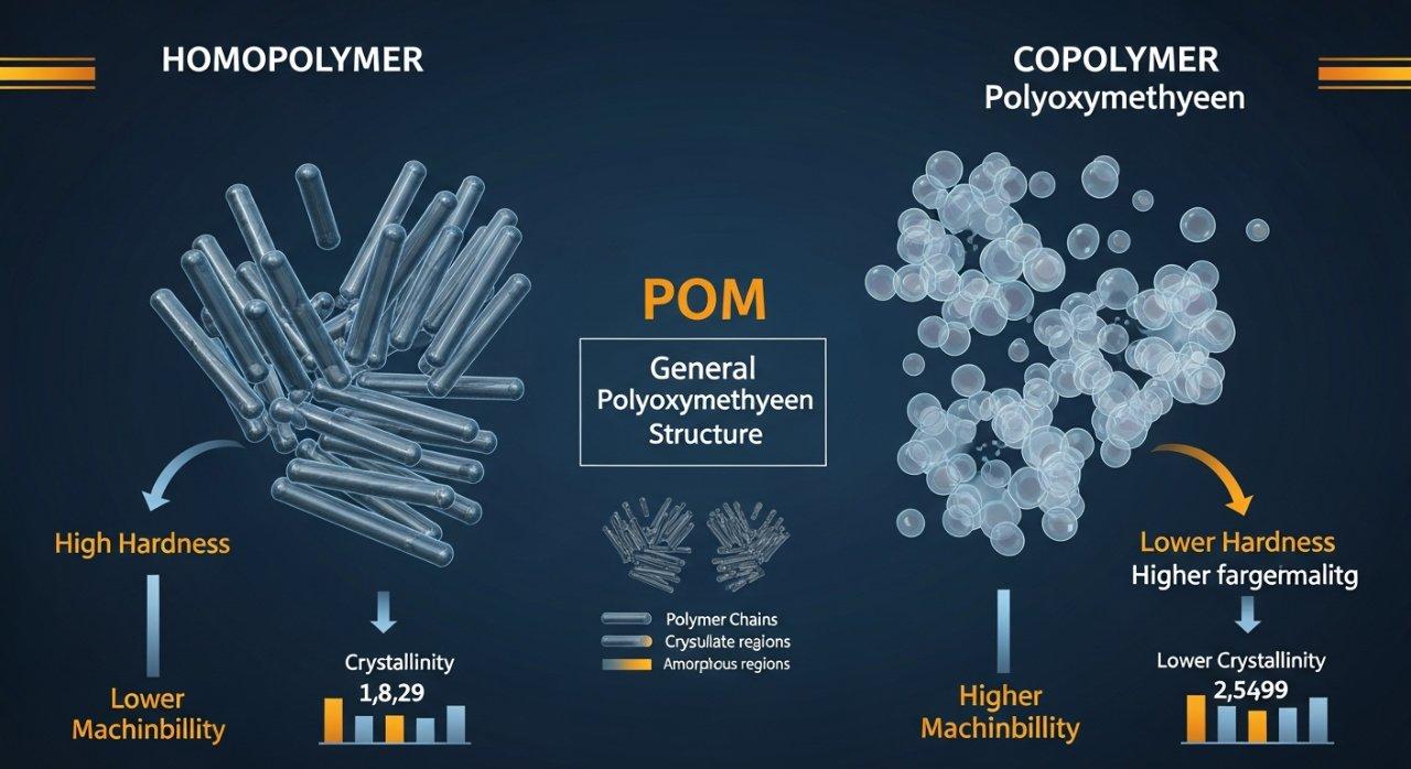 Infografía que compara POM homopolímero y copolímero, ilustrando sus distintas estructuras de cristalinidad con indicios visuales que enfatizan la densidad