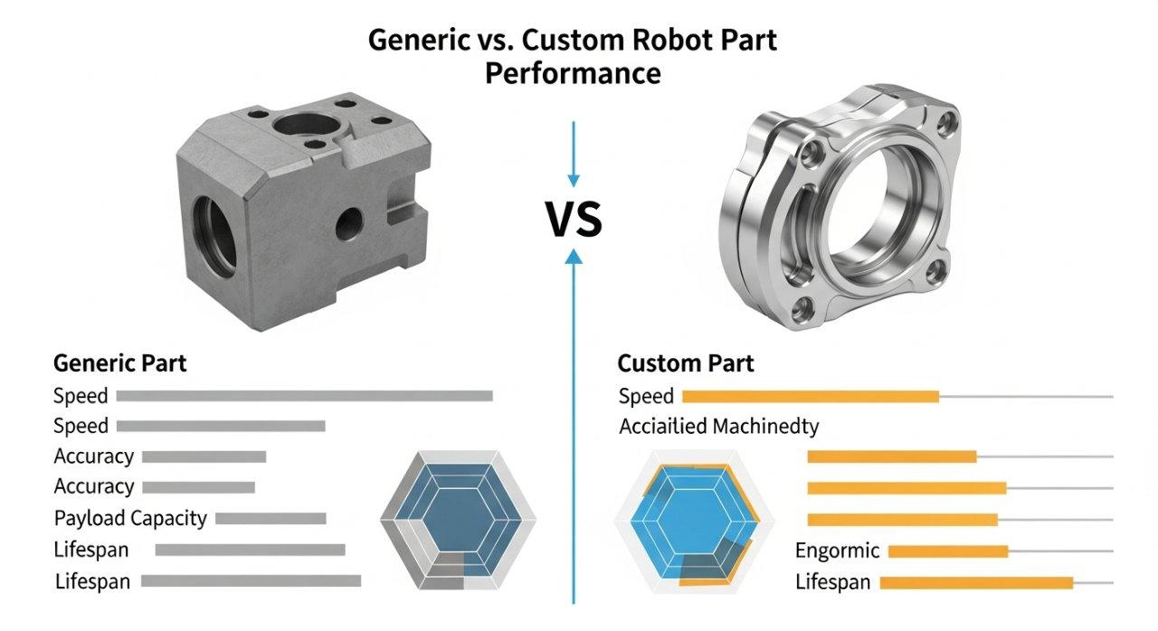 Infographic comparing the performance metrics of generic versus custom robot parts. The left side shows a blocky, generic robot part with shorter bar graphs indicating average speed, accuracy, payload capacity, and lifespan. The right side displays a sleek, custom-machined robot part with significantly longer bar graphs demonstrating superior performance across all metrics, highlighting the benefits of specialized design in robotics.