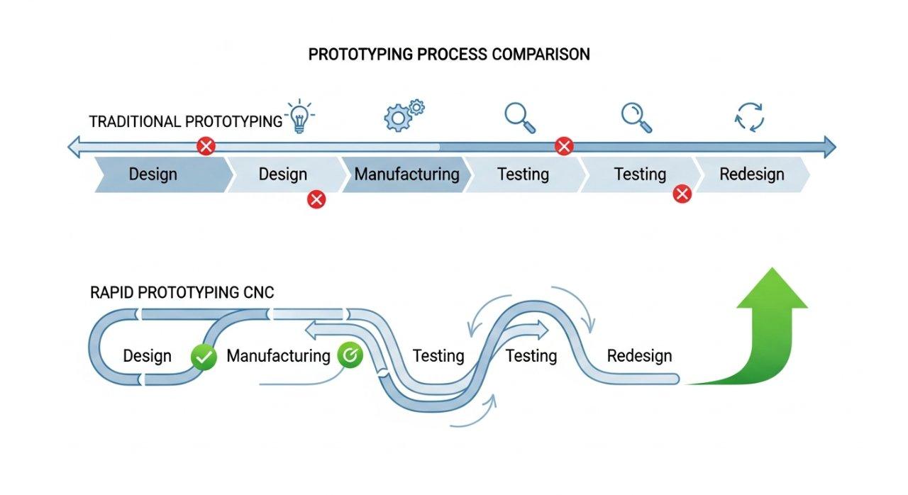 Infographie comparant le prototypage traditionnel au prototypage rapide utilisant le CNC. Elle illustre visuellement comment les méthodes traditionnelles impliquent des phases de conception, fabrication, test et redesign plus longues et séquentielles, entraînant des retards, tandis que le prototypage rapide avec CNC utilise des segments plus courts et superposés pour des itérations plus rapides et un calendrier global du projet considérablement réduit.