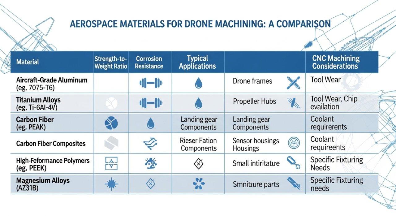 Hassas drone işleme alanında kullanılan yaygın havacılık malzemelerini detaylandıran infografik karşılaştırma tablosu. Tablo, malzeme özelliklerini (dayanıklılık, hafiflik, dayanıklılık vb.) özetler.