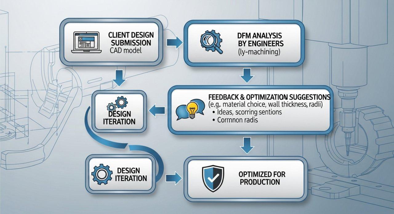 Infographic detailing the Design for Manufacturability (DFM) process for CNC machined aluminum parts. It illustrates a flowchart from client design submission, through expert DFM analysis and feedback on aspects like material choice, wall thickness, and corner radii, leading to design iteration and final production optimization for manufacturing efficiency.
