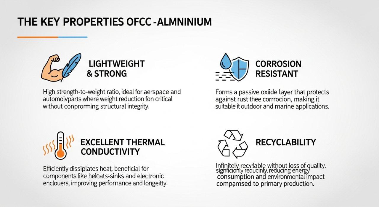 Infographic detailing the key properties of aluminum for CNC machining. It highlights aluminum's lightweight strength, corrosion resistance, excel