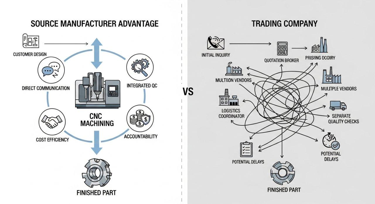 Infographie illustrant l'"Avantage du Fabricant d'Origine" avec un chemin direct et simplifié de "Conception Client" à "Pièce Finie" via ly-machining, mettant en avant "Communication Directe", "Contrôle Qualité Intégré", "Efficacité Coût" et "Responsabilité". Elle contraste cela avec un chemin embrouillé en plusieurs étapes étiqueté "Société Commerciale", représentant divers intermédiaires et pièges potentiels pour les entreprises.