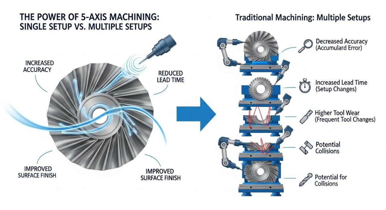 5 eksenli işleme temel faydalarını görsel olarak karşılaştıran infografik, karmaşık bir parçanın tek bir kurulumda üretim verimliliği ve hassasiyetini, çoklu kurulumların zorlukları ve zamanını görsel olarak gösteriyor.