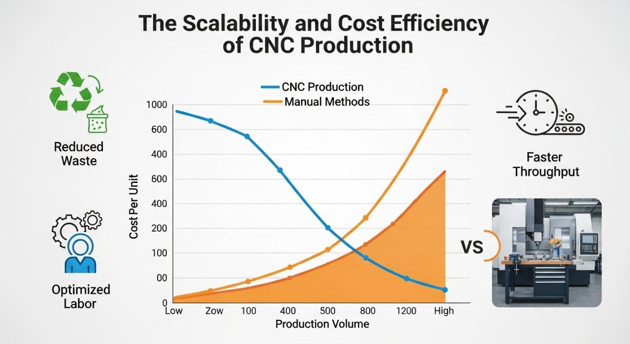 Geleneksel manuel yöntemlere kıyasla CNC üretiminin önemli ölçeklenebilirlik ve maliyet etkinliği avantajlarını gösteren infografik. Merkezi grafik, 'Birim Başına Maliyet'in 'Üretim Hacmi' arttıkça nasıl dramatik şekilde azaldığını gösterir ve daha az verimli manuel süreçleri geride bırakır. Destekleyen ikonlar, azalan malzeme israfı, daha hızlı üretim hızı ve optimize edilmiş iş gücü kullanımı gibi temel avantajları vurgular.