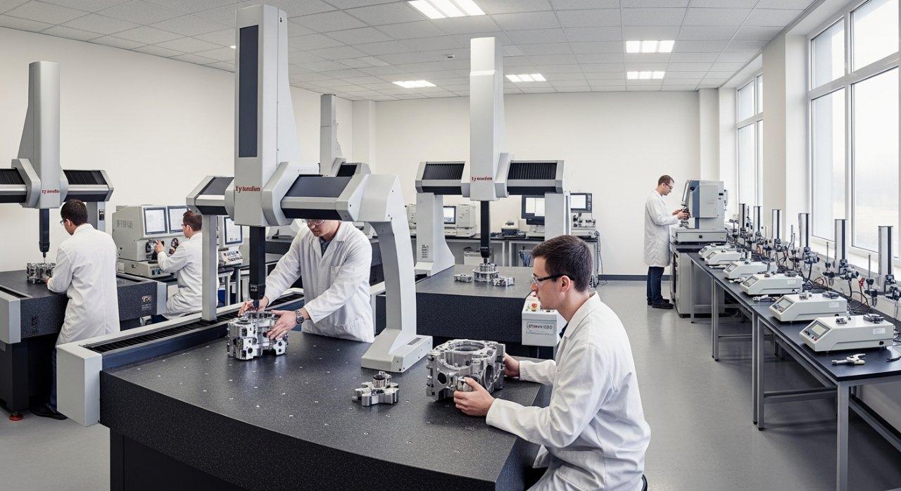 Vue panoramique du laboratoire de contrôle qualité ultramoderne de ly-machining, présentant plusieurs unités CMM (Machine de Mesure de Coordonnées), des comparateurs optiques et des testeurs de rugosité de surface. Des techniciens en blouse inspectent minutieusement des pièces usinées par CNC, illustrant un processus d'inspection finale rigoureux et de mesure de précision.