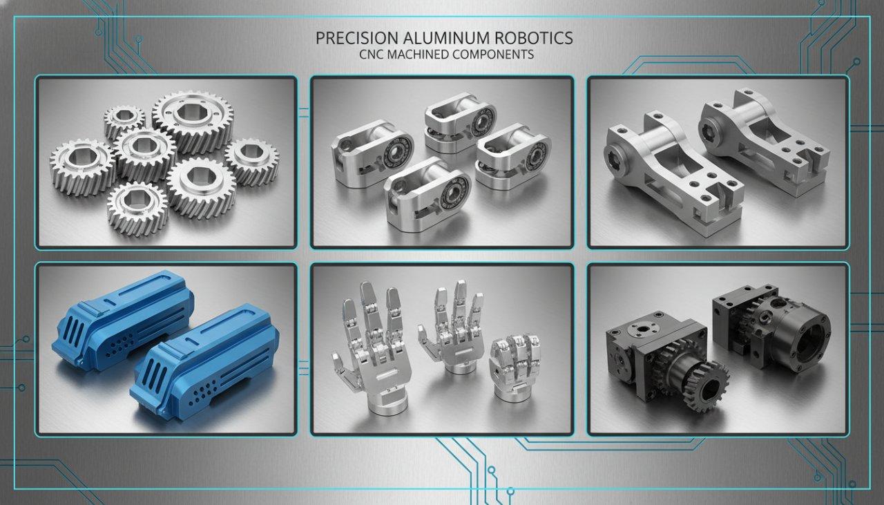 Produktcollage mit vielfältigen, filigranen CNC-gefrästen Aluminium-Roboterteilen, einschließlich Zahnrädern, Gehäusen, Halterungen und Gelenken, die alle außergewöhnliche Details und ein hochwertiges Finish vor einem sauberen, technischen Hintergrund zeigen.
