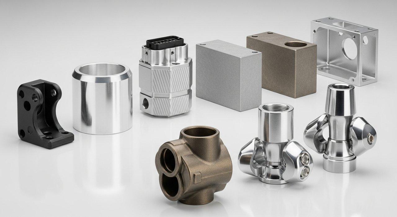 Professionelle Sammlung von kundenspezifischen Aluminium-CNC-Teilen, makellos fertiggestellt mit verschiedenen Oberflächenbehandlungen, präsentiert für Luft- und Raumfahrt, Medizin und Automobilindustrie. Hervorhebung von Präzision und Vielseitigkeit.