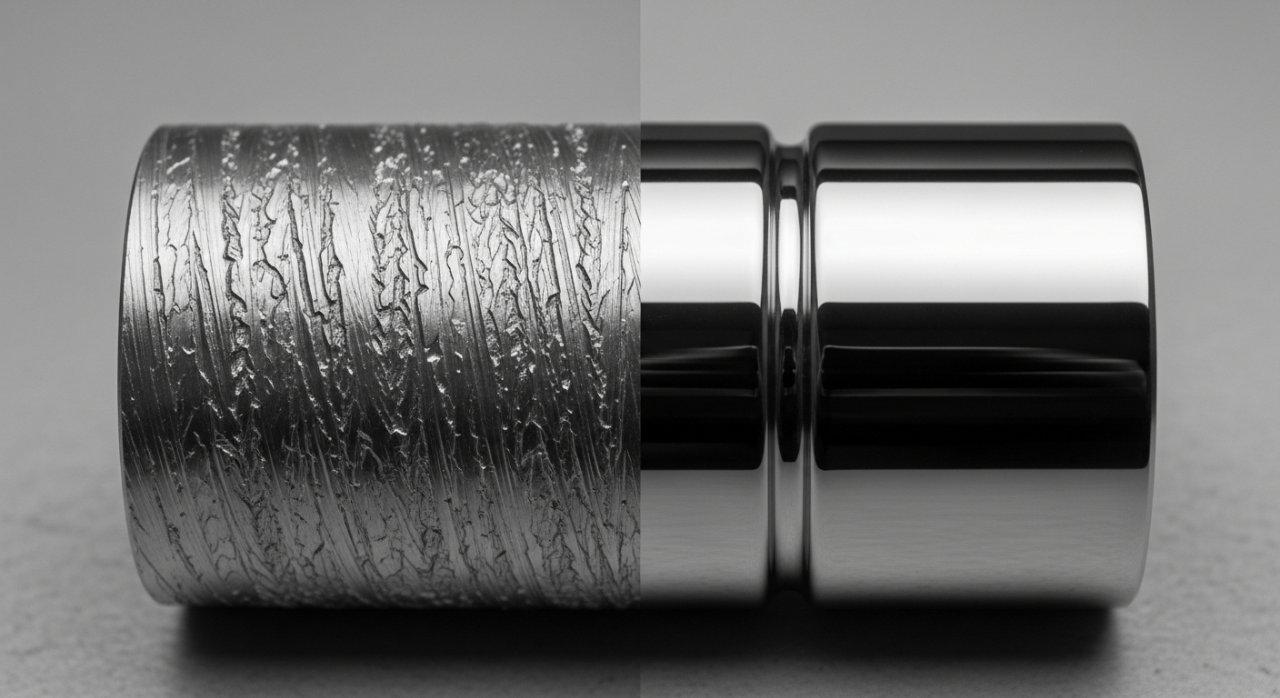 CNC işlenmiş paslanmaz çelik veya pirinç parça öncesi ve sonrası görüntüleri, kaba, işlenmiş yüzey ile parlak, ayna gibi bir yüzey arasındaki farkı gösterir ve hassas metal parlatmanın dönüştürücü gücünü sergiler.