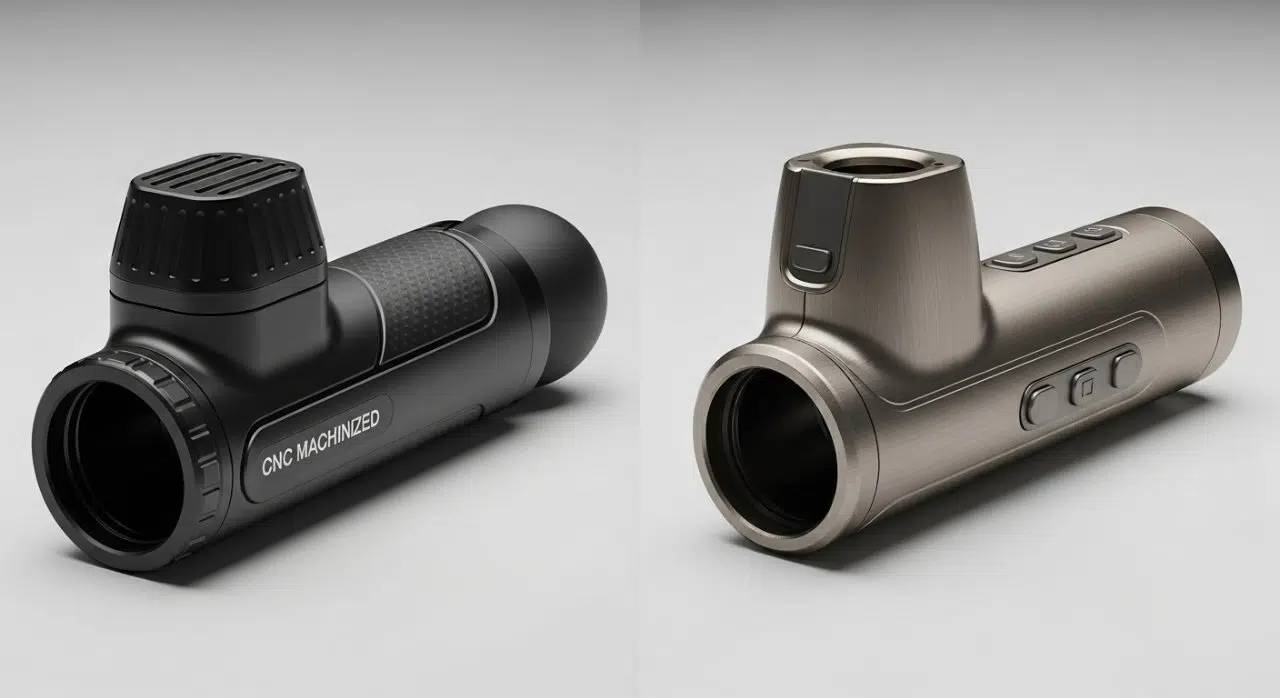 Yan yana iki premium masaj tabancası kasası tasarımını sergileyen bölünmüş görüntü. Solda, karmaşık CNC ile işlenmiş detaylara ve ince bir dokuya sahip şık, eloksallı mat siyah bir kasa. Sağda, üst düzey perküsyon cihazları için çeşitli estetik olasılıkları vurgulayan, sofistike fırçalanmış metal yüzeye sahip farklı bir kasa tasarımı.