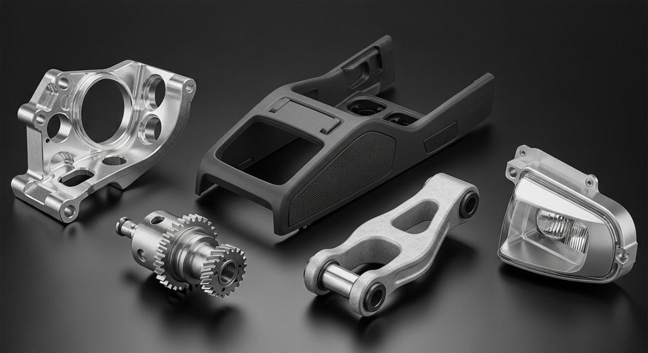 Collection de qualité studio de cinq pièces distinctes de prototypes automobiles usinés en CNC : une bride de moteur en aluminium poli avec des découpes complexes, une pièce de console intérieure en plastique durable avec des textures détaillées, une petite roue en acier inoxydable usinée avec précision, une pièce de suspension en magnésium léger, et une maquette détaillée de boîtier d'éclairage automobile. Chaque pièce met en valeur la variété des matériaux, l'ingénierie de précision et la diversité des finitions de surface, soigneusement disposées sur une surface sombre et réfléchissante.