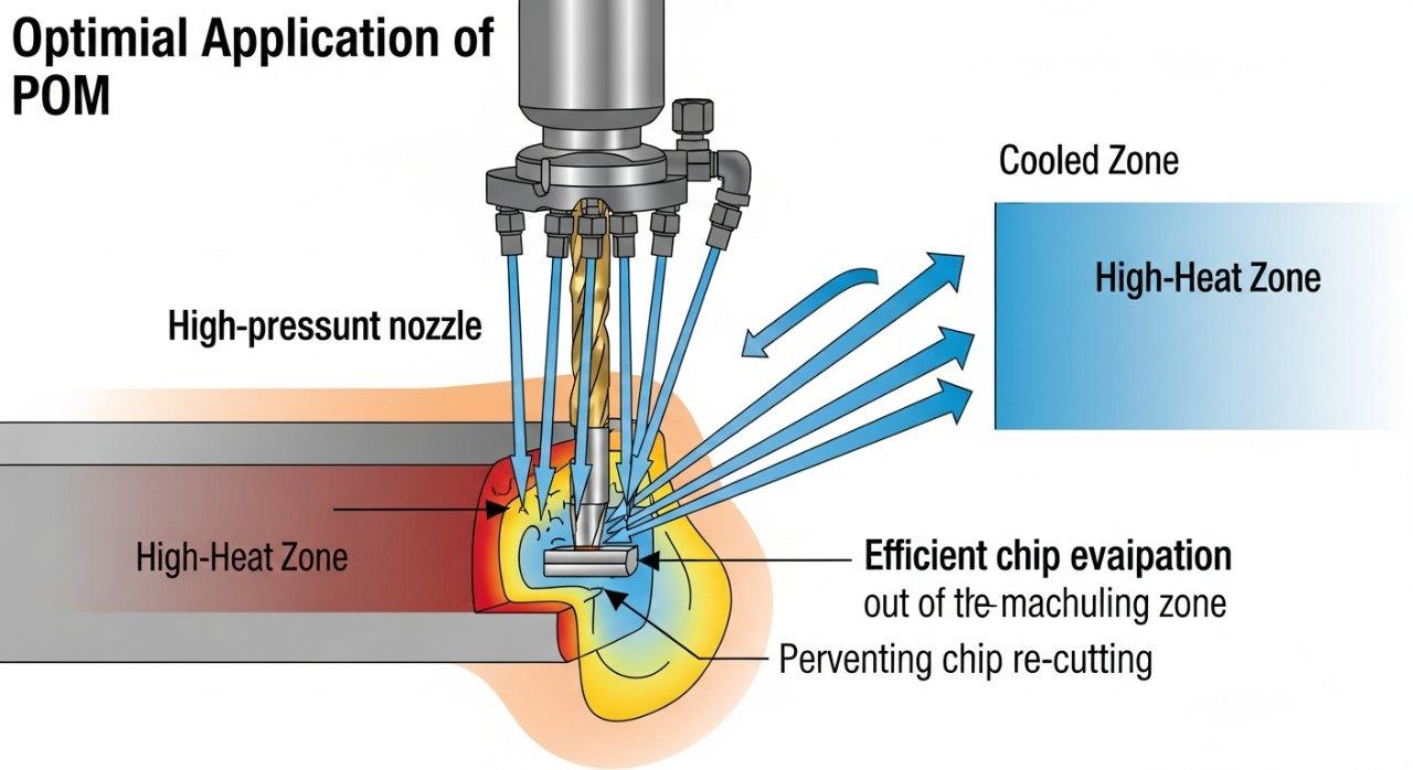 Diagrama técnico que ilustra los métodos óptimos de aplicación de refrigerante en inundación durante el mecanizado CNC de POM, mostrando el refrigerante impactando en la herramienta y la pieza de trabajo