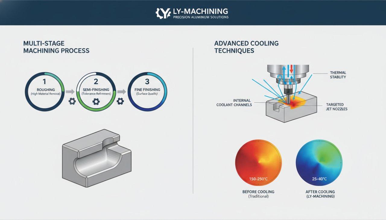 Vektorgrafik von ly-machining, die einen mehrstufigen Bearbeitungsprozess für Präzisionsaluminium detailliert darstellt, mit fortschrittlichen Kühltechniken und Vorher-Nachher-Diagrammen zur thermischen Verteilung.
