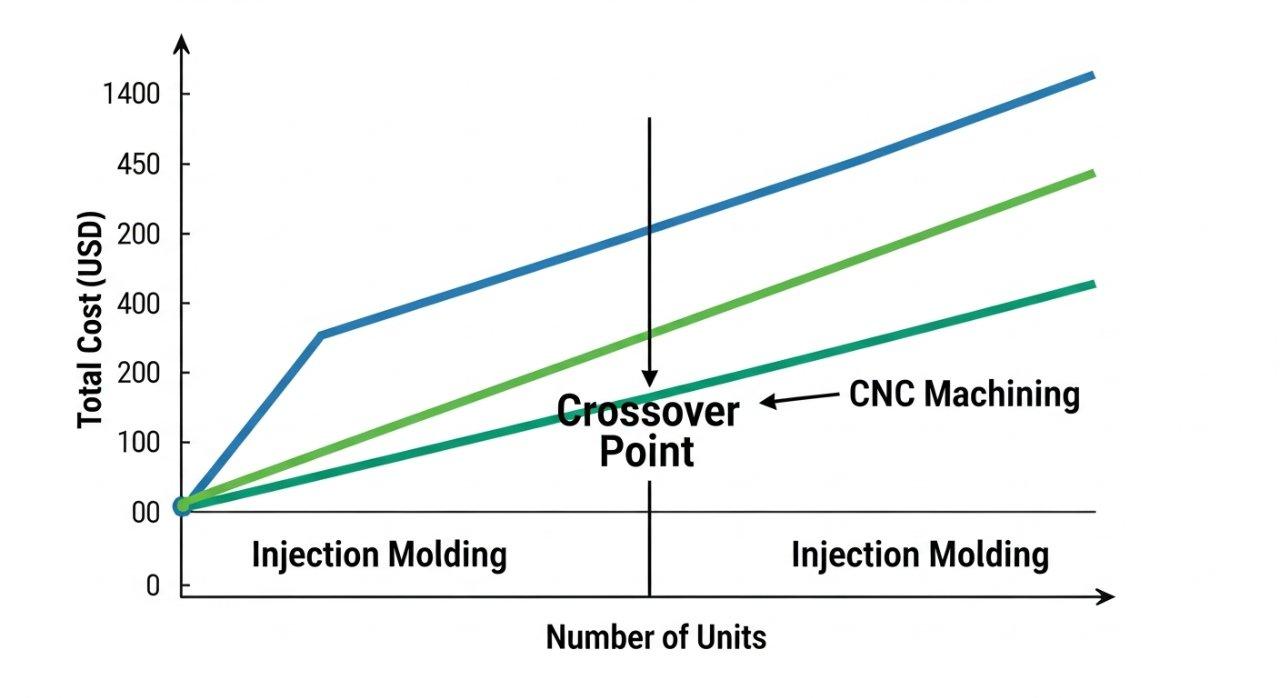Graphique vectoriel comparant les structures de coûts de fabrication : moulage par injection traditionnel (coûts d'outillage initiaux élevés, coût par unité inférieur pour les grands volumes) par rapport à l'usinage CNC (coûts initiaux inférieurs, coût par unité plus élevé pour les grands volumes). Le graphique illustre un point de croisement, soulignant la rentabilité de l'usinage CNC pour les petits et moyens lots et l'avantage du moulage par injection pour la production à grand volume.