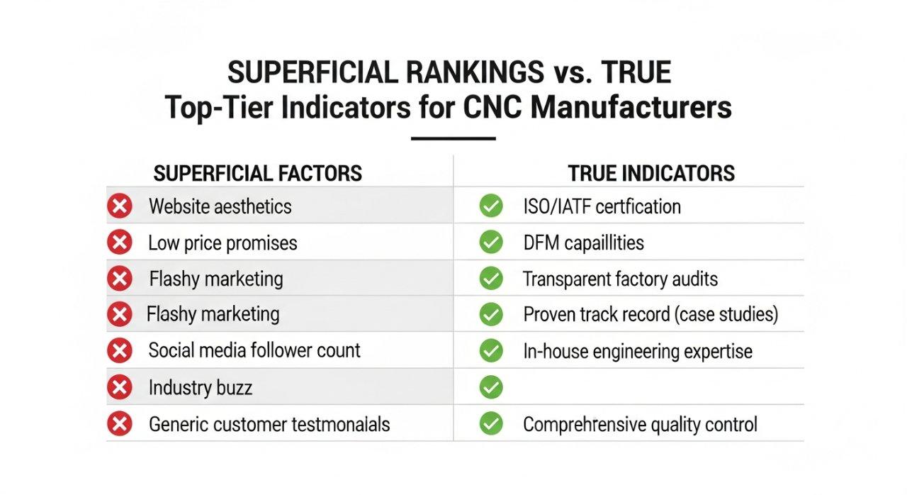 Tableau comparatif graphique vectoriel illustrant les Classements Superficiels vs. les Indicateurs de Vraie Top Tier pour les fabricants CNC. Il met en évidence les classements superficiels