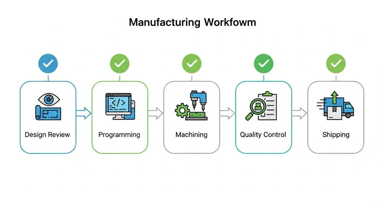 Vektorgrafik, die einen optimierten Fertigungsworkflow mit Symbolen für Designüberprüfung, Programmierung, Bearbeitung, Qualitätskontrolle und Versand darstellt