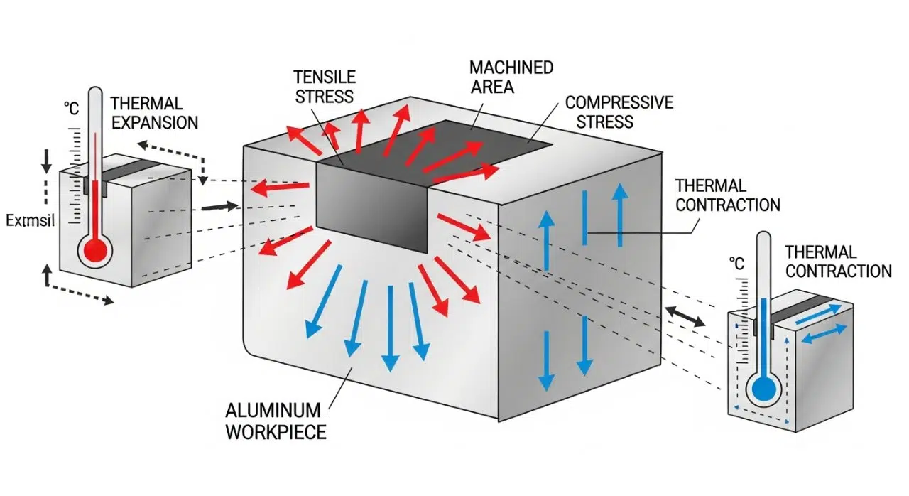 Vektorgrafik, die thermische Ausdehnung und Restspannungen in einem Aluminiumwerkstück während der CNC-Bearbeitung zeigt. Es zeigt einen vereinfachten Aluminiumblock