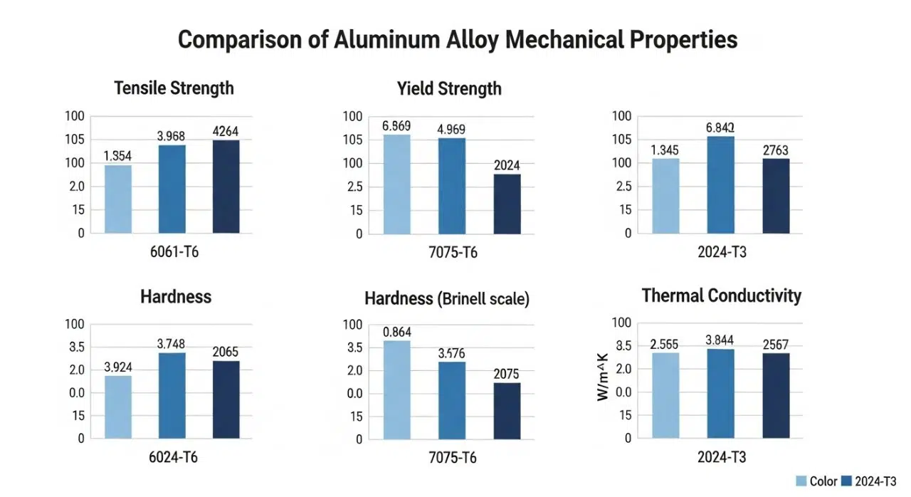 Vektorgrafik-Infografik, die wichtige mechanische Eigenschaften (Zugfestigkeit, Streckgrenze, Härte, Wärmeleitfähigkeit) von drei gängigen Aluminiumlegierungen vergleicht: 6061-T6, 7075-T6 und 2024-T3. Die Daten werden anhand klarer Balkendiagramme und Beschriftungen präsentiert, gestaltet mit einem sauberen, technischen Ästhetik, geeignet für ein Ingenieurpublikum, das Materialeigenschaften vergleichen möchte.