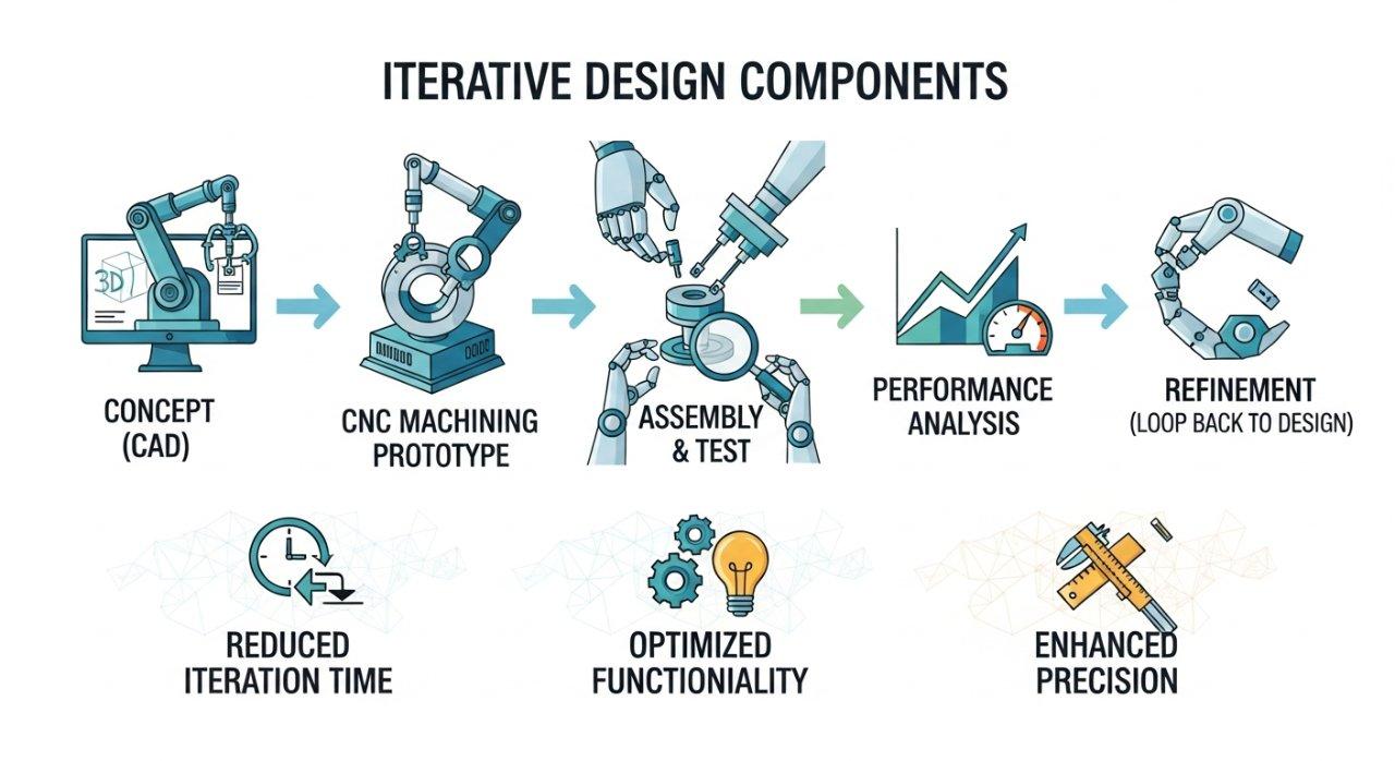 Infographie vectorielle illustrant le processus de conception itérative pour les composants robotiques utilisant le prototypage rapide, détaillant des étapes telles que la conception conceptuelle (CAO), le prototype d'usinage CNC, l'assemblage et le test, l'analyse de performance et le raffinement. Elle met en avant les principaux avantages tels que la réduction du temps d'itération, la fonctionnalité optimisée et la précision améliorée dans un flux linéaire clair.