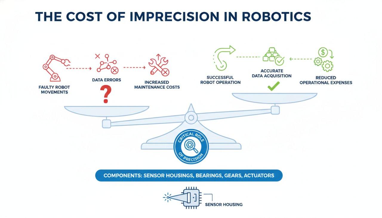 Vector graphic infographic titled The Cost of Imprecision in Robotics, visually depicting a scale. One side illustrates the negative consequence