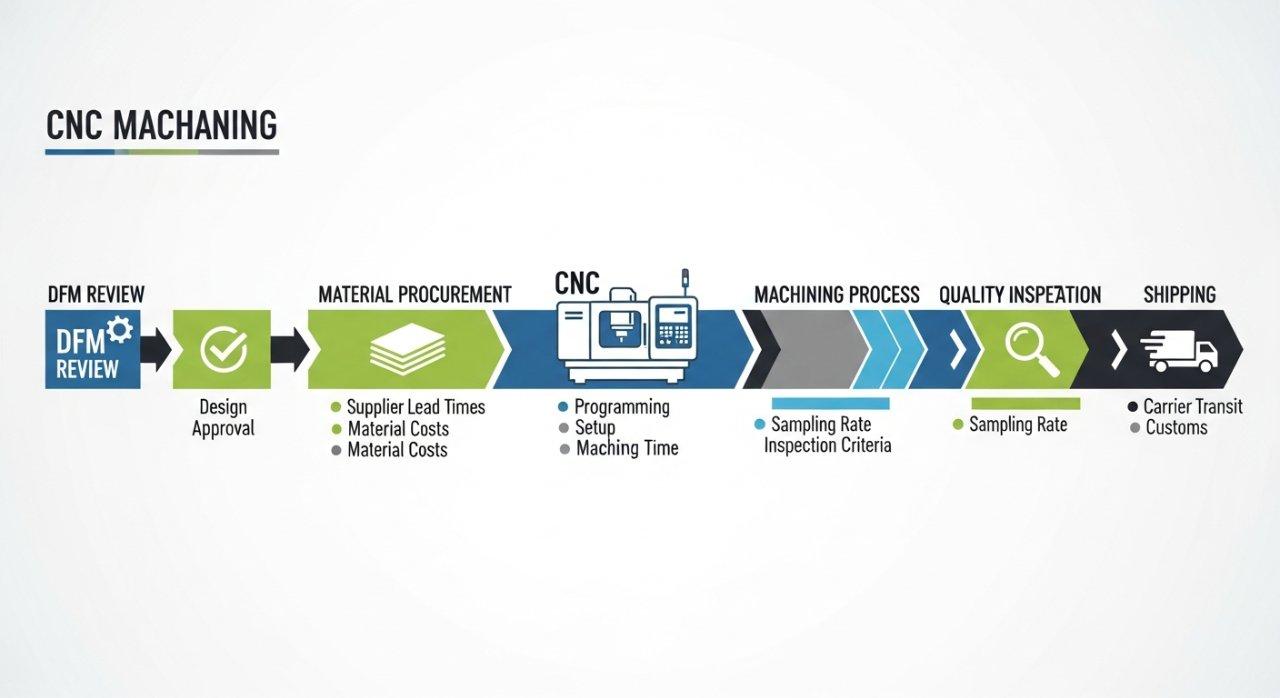 Vektorgrafik-Timeline, die die wichtigsten Phasen eines CNC-Bearbeitungsprojekts vom initialen Designfreigabe und DFM-Überprüfung bis zur Materialbeschaffung detailliert darstellt