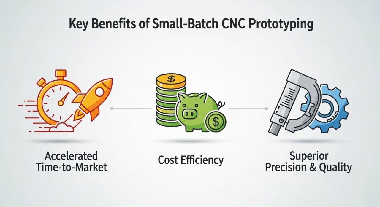 Infografía vectorial vibrante que resume los beneficios clave del prototipado CNC en pequeñas series, con iconos distintos para el tiempo de comercialización acelerado, mayor eficiencia en costos y precisión y calidad superiores en la fabricación.