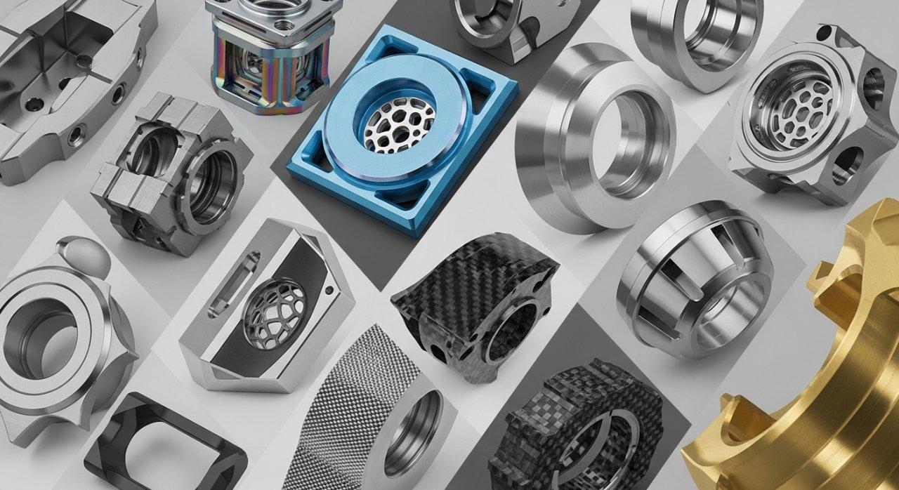 Collage visualmente impresionante que muestra componentes mecanizados con alta precisión y diversos. Cada pieza diseñada con intrincados detalles presenta geometrías complejas y acabados superficiales perfectos, fabricados con materiales exóticos y avanzados. Esta colección destaca las formas, funciones y posibilidades ilimitadas de la fabricación CNC moderna y la ingeniería avanzada.