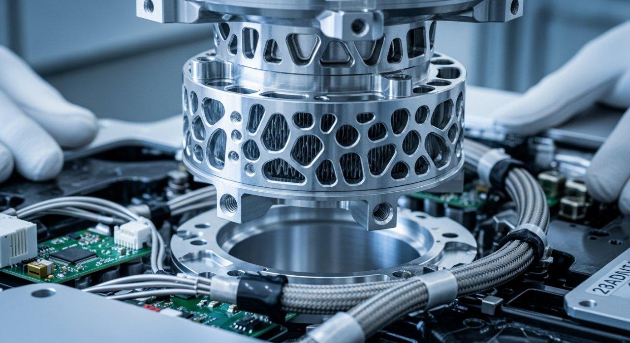 Güçlü, yüksek kaliteli bir fotoğraf, karmaşık CNC işlenmiş bir parçanın güzelce tamamlanmış ve hassas bir şekilde en yeni yüksek teknolojili montaja entegre edildiğini gösteriyor. Karmaşık metal bileşen, ya uydu'nun sofistike iç yapısına ya da yüksek performanslı yarış arabası motoruna mükemmel uyum sağlar, gelişmiş üretim ve hassas mühendisliği vurgular.