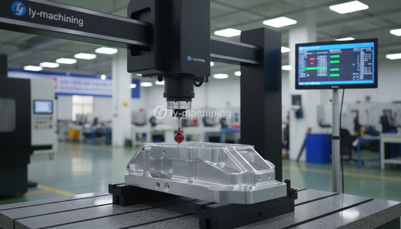 A Coordinate Measuring Machine (CMM) actively inspecting a highly intricate aluminum aerospace component on ly-machining's factory floor. The CMM'