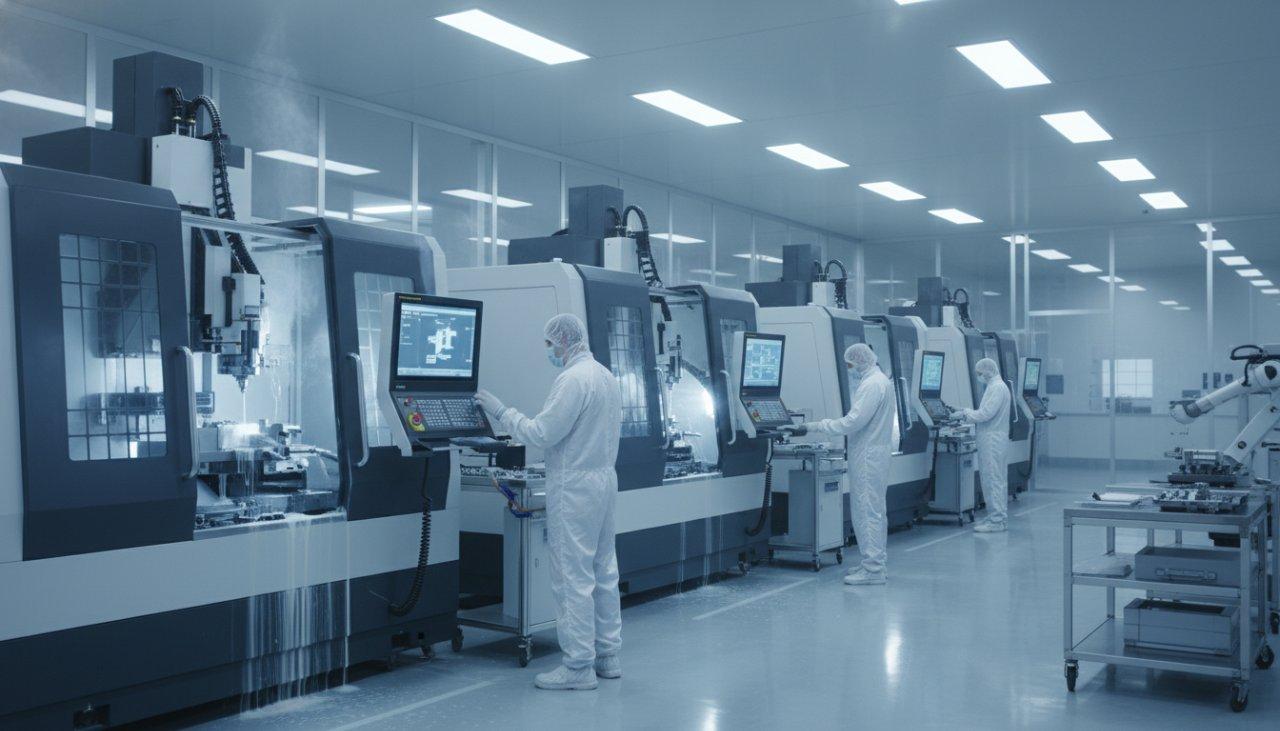 Una instalación de fabricación brillante y limpia que exhibe múltiples centros de mecanizado CNC de 5 ejes de alta precisión en funcionamiento, cortando metal, con refrigerante