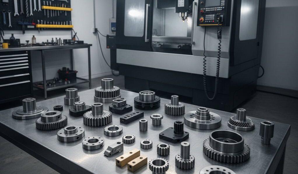 A clean, modern workshop showcases a variety of intricately machined small batch custom CNC parts on a polished workbench, highlighting precision engineering and innovation. A blurred CNC machine operates actively in the background.